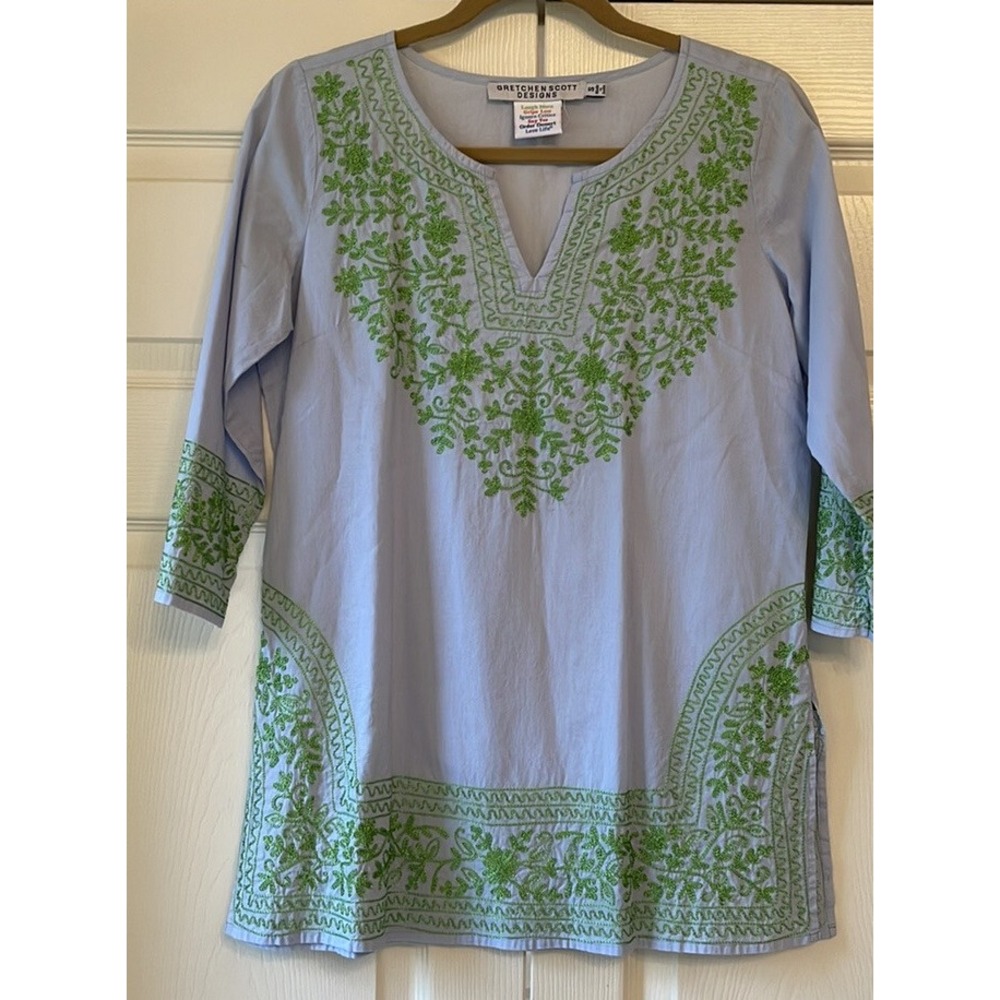 Gretchen Scott Designs Cotton Embroidered Tunic Womens Small Blue Green